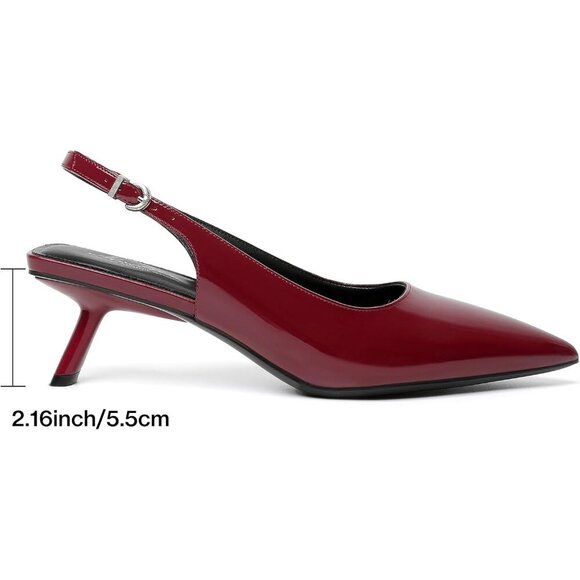 Mostrin Kitten Heel Burgundy Faux Leather Low Slingback Heels with Buckle - Picture 2 of 9